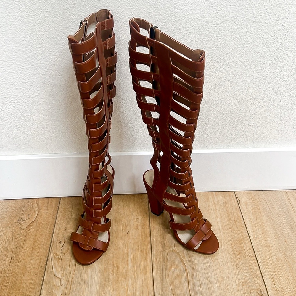 Michael Antonio Gladiator Tall Brown Caged Sandals Heels Faux Leather Womens 8 M